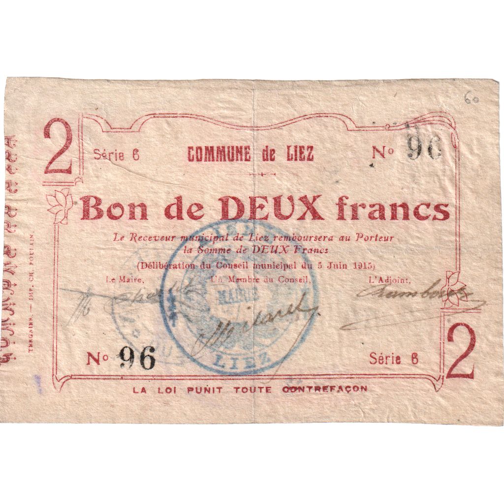 France, 2 Francs, Liez, 1915-06-05, Série 6 - 96, VF(30-35)