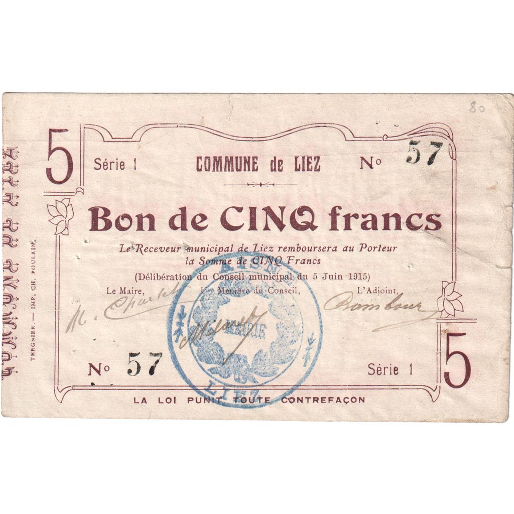France, 5 Francs, Liez, 1915-06-05, Série 1 - 57, VF(30-35)