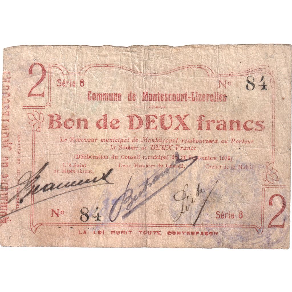 France, 2 Francs, Montescourt-Lizerolles, 1915-09-30, Serie 8 - 84 , VF(30-35)