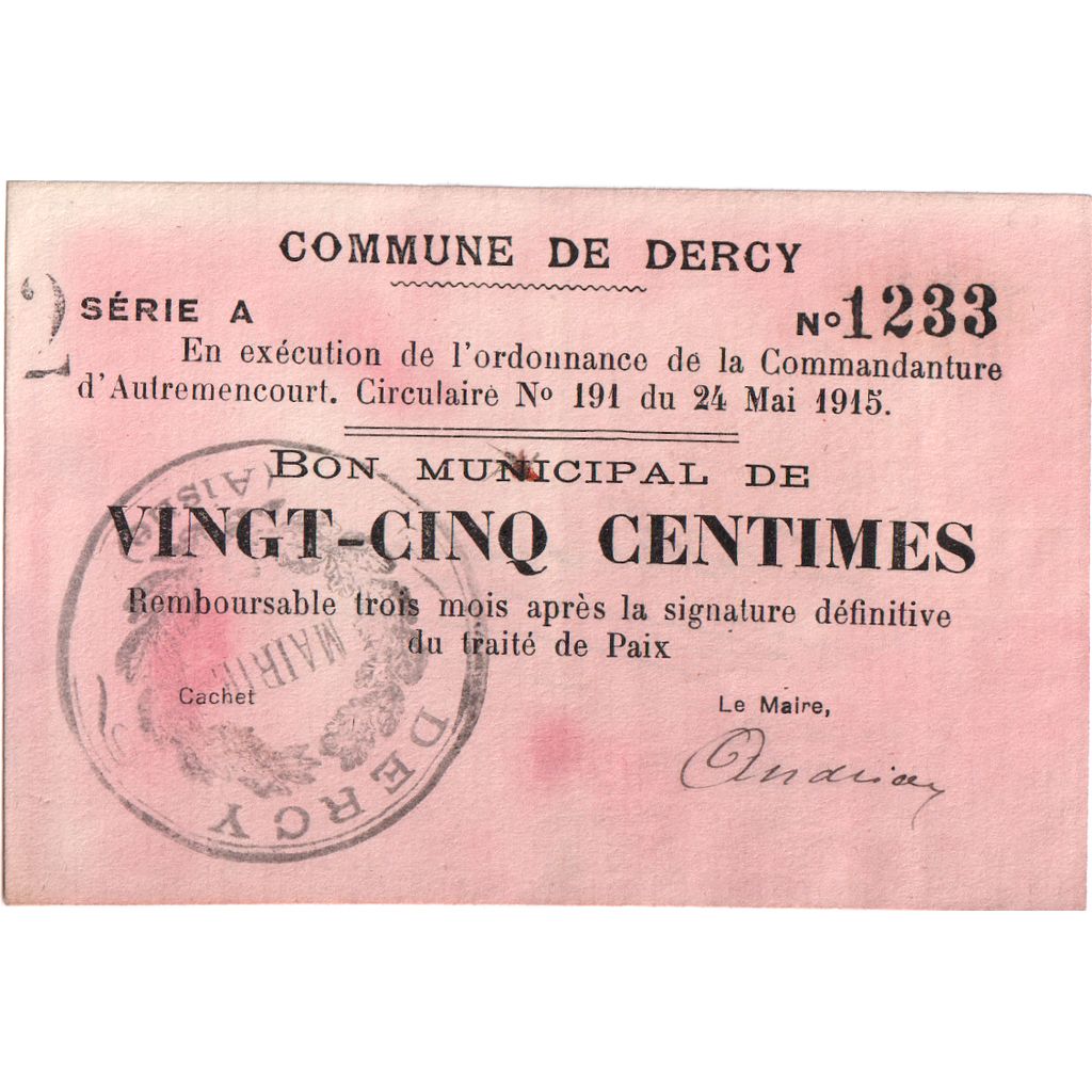 France, 25 Centimes, Dercy, 1915-05-24, VF(30-35)