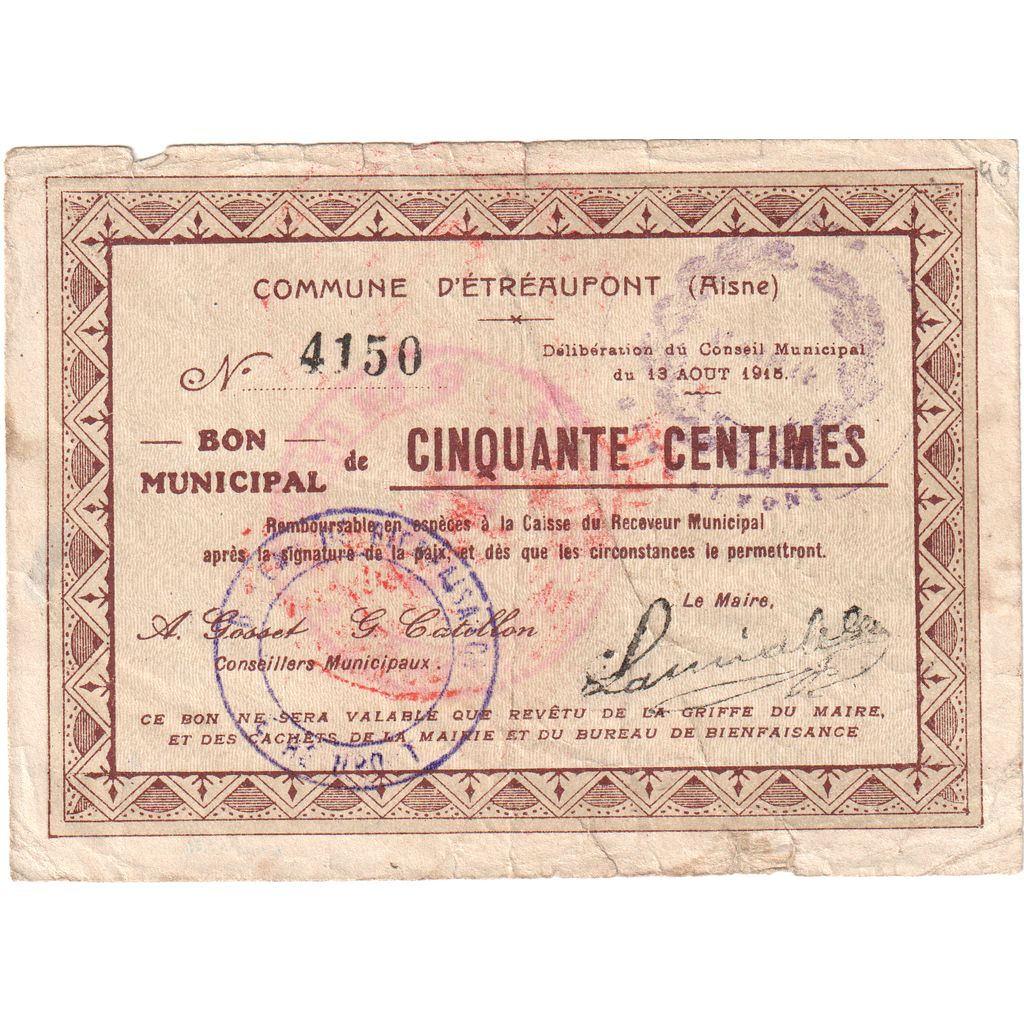 France, 50 Centimes, Etréaupont, 1915-08-13, 4150, VF(20-25)