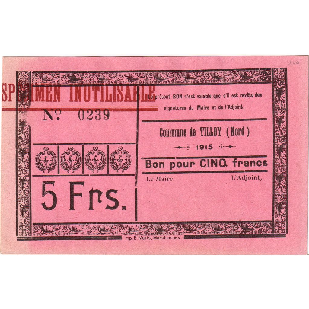 France, 5 Francs, Tilloy, 0239, VF(30-35)