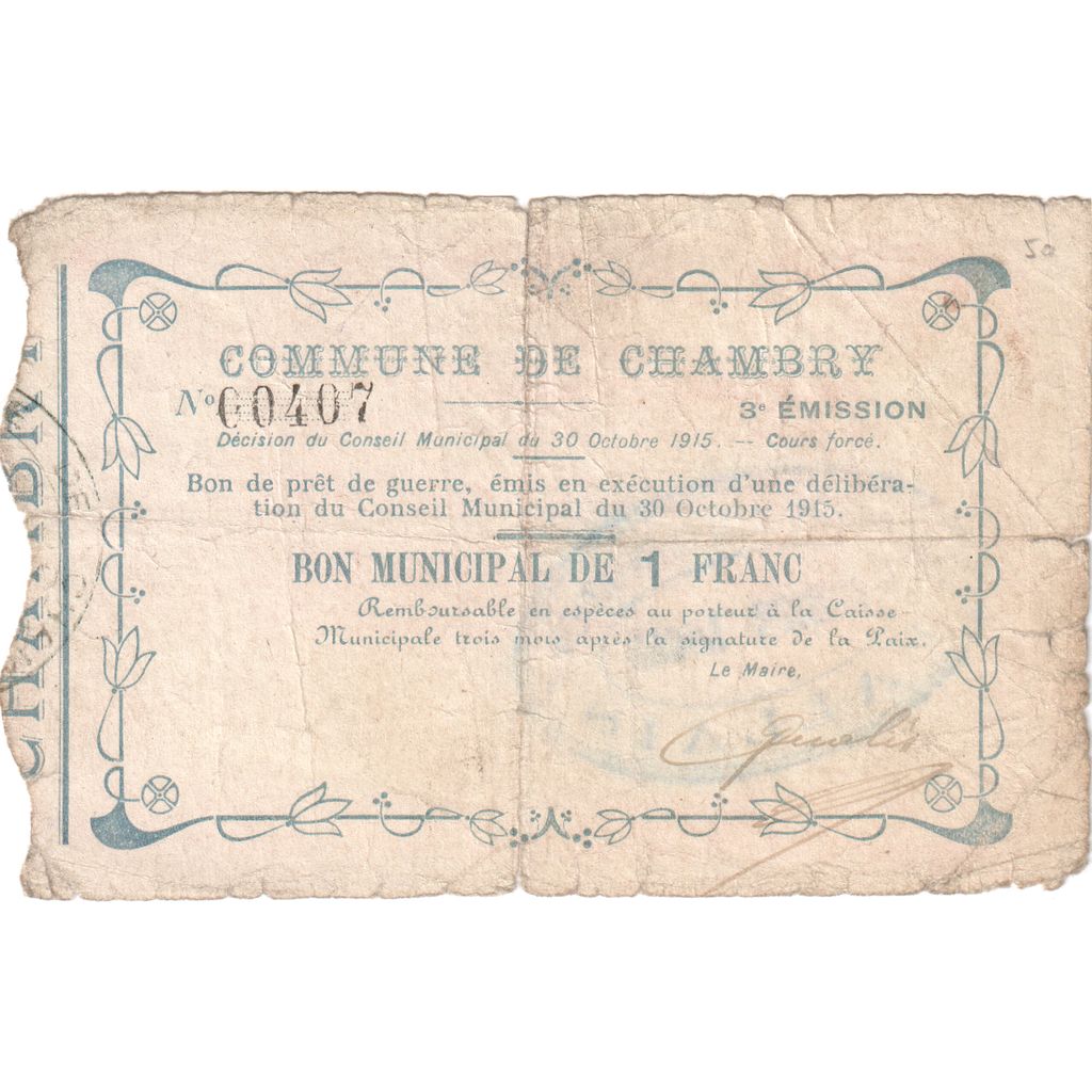 Francja, 1 Franc, 1915-10-30, 00407, VF(20-25), Pirot:02-1309