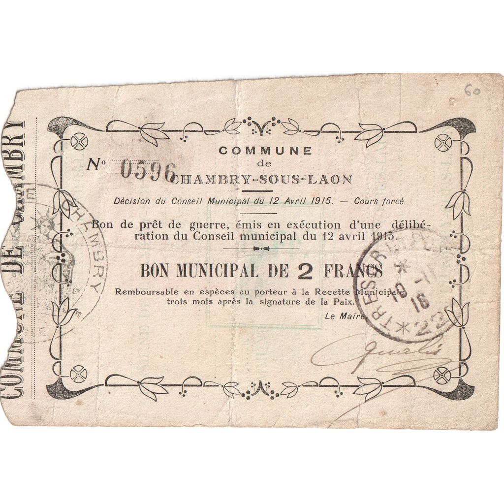 França, 2 Francs, 1915-04-12, 0596, VF(20-25), Pirot:02-1309
