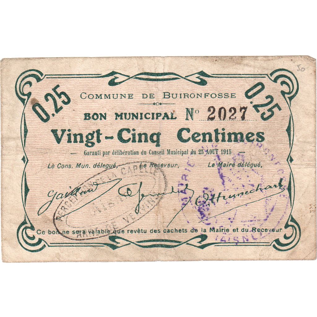 Francia, 25 Centimes, 1915-08-25, BC, Pirot:02-1309