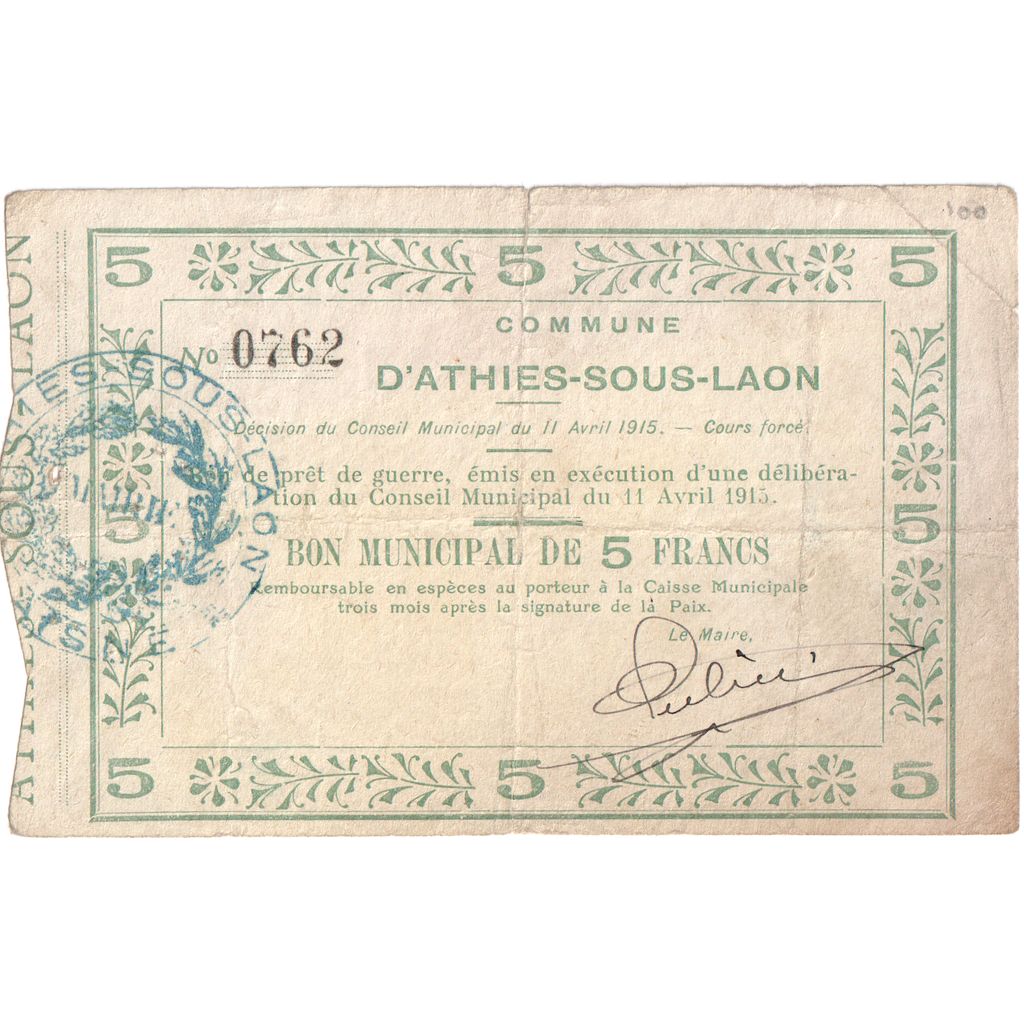 France, 5 Francs, 1915-04-11, 0762, TB, Pirot:02-1309