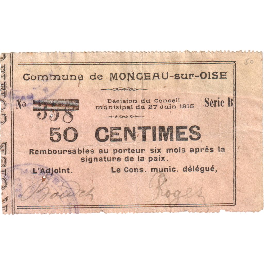 France, 50 Centimes, Monceau-sur-Oise, 1915-06-27, VF(20-25)