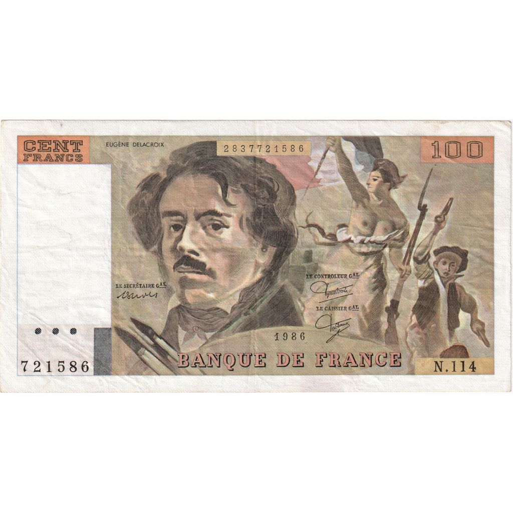 France, 100 Francs, Delacroix, 1986, N114, VF(20-25)