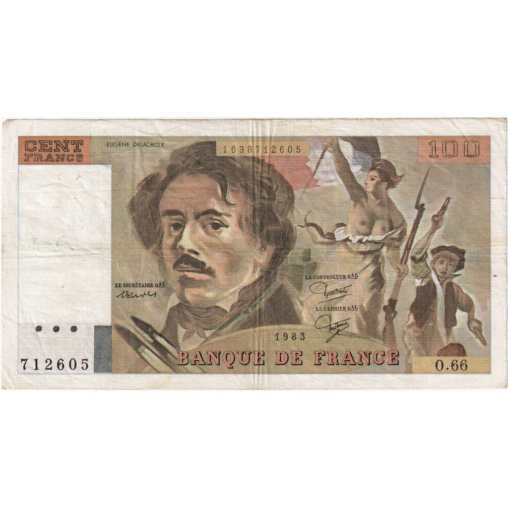 France, 100 Francs, Delacroix, 1983, O66, B+