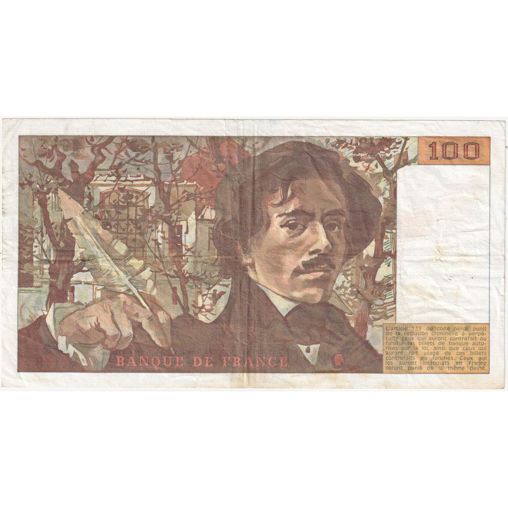 France, 100 Francs, Delacroix, 1987, M119, B+