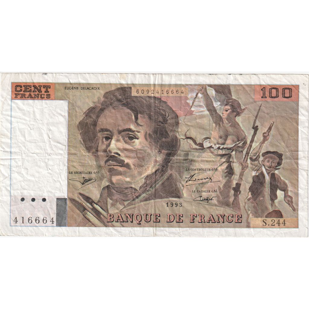 France, 100 Francs, Delacroix, 1993, S244, B+
