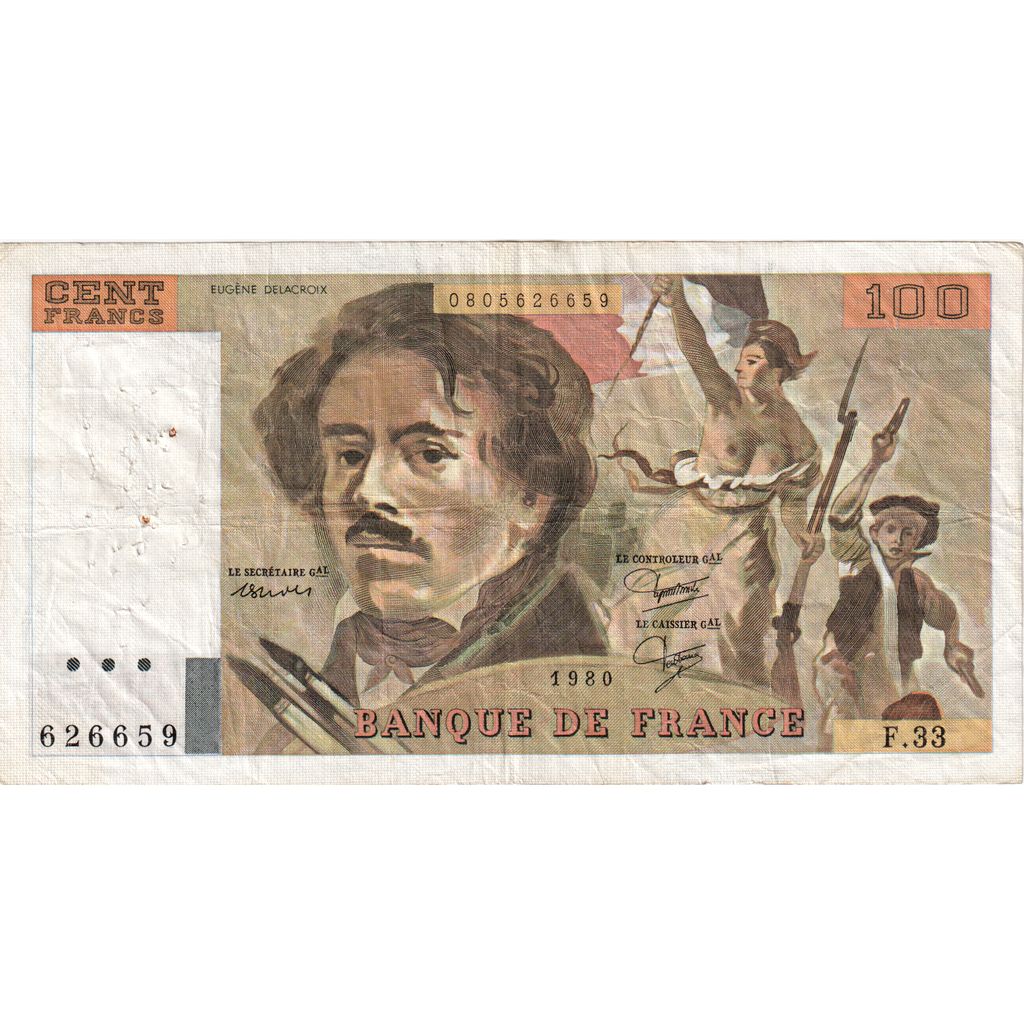 France, 100 Francs, Delacroix, 1980, F33, VG(8-10)