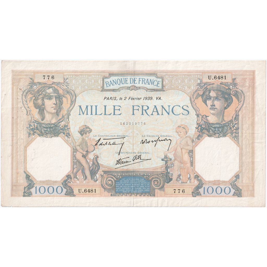 France, 1000 Francs, Cérès et Mercure, 1939-02-02, U.6481, EF(40-45)