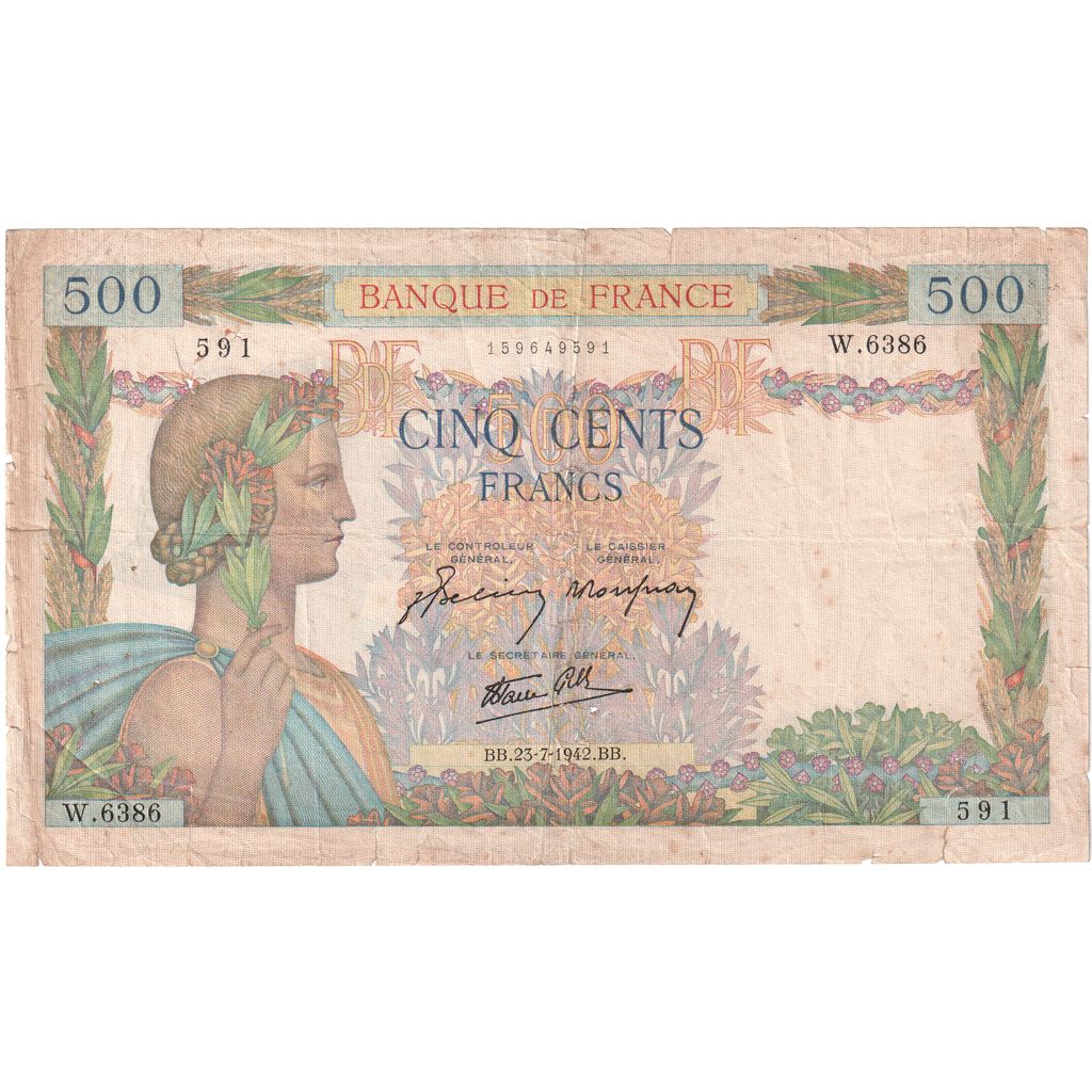 France, 500 Francs, La Paix, 1942-07-23, W.6386, TB