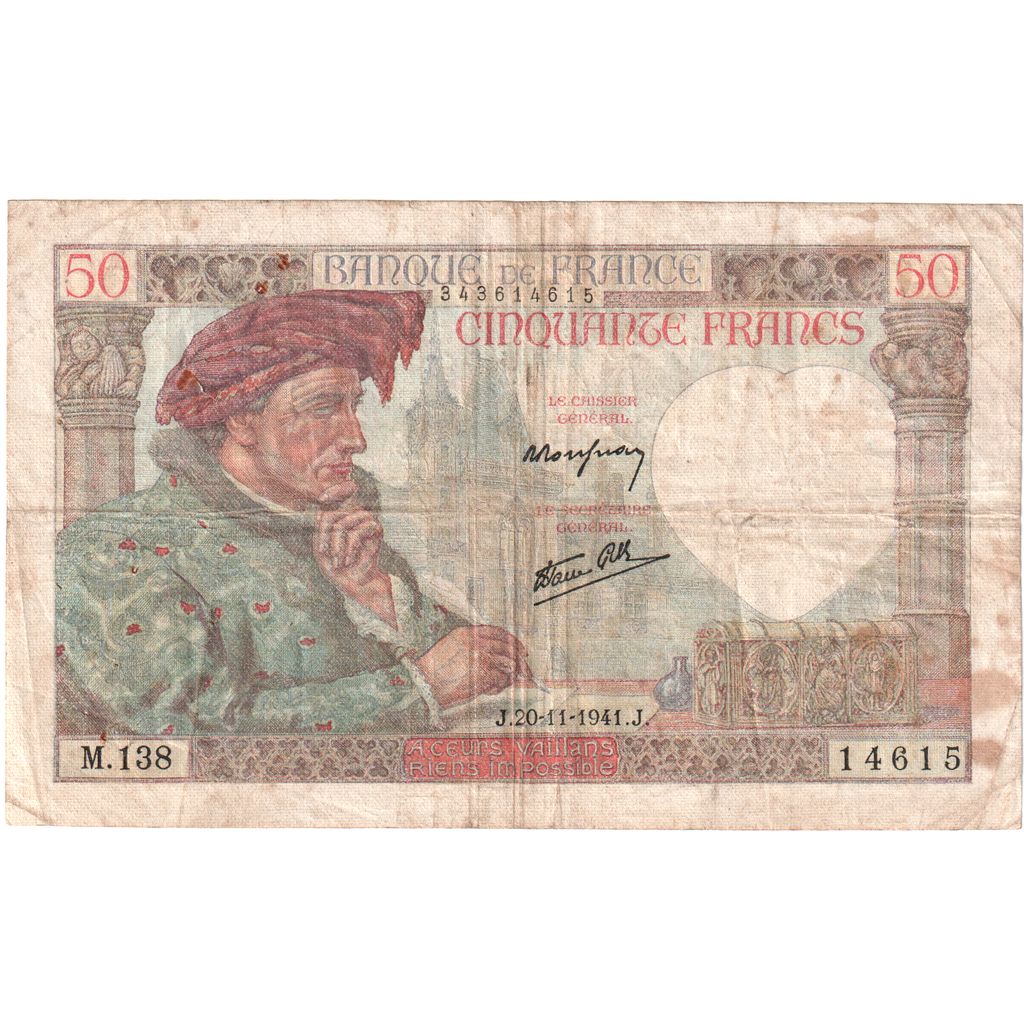France, 50 Francs, Jacques Coeur, 1941-11-20, M.138, TB+