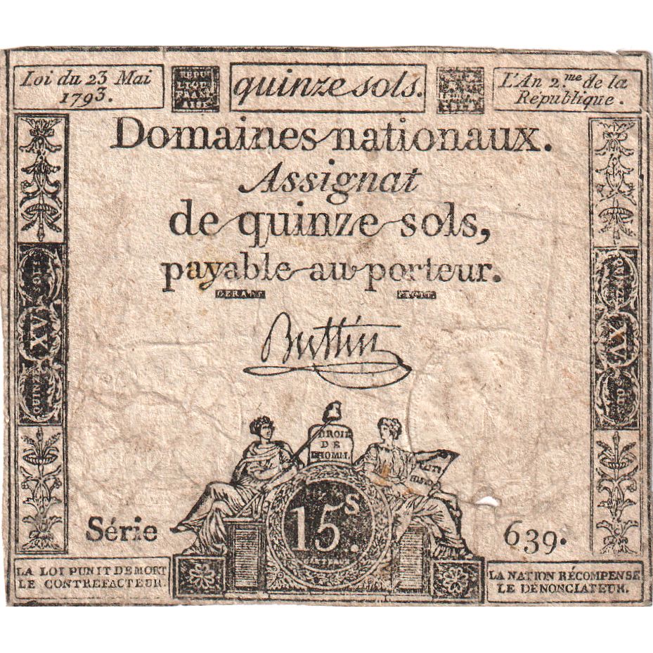 Francja, 15 Sols, 1793-05-23, Serie 639, VF(20-25)