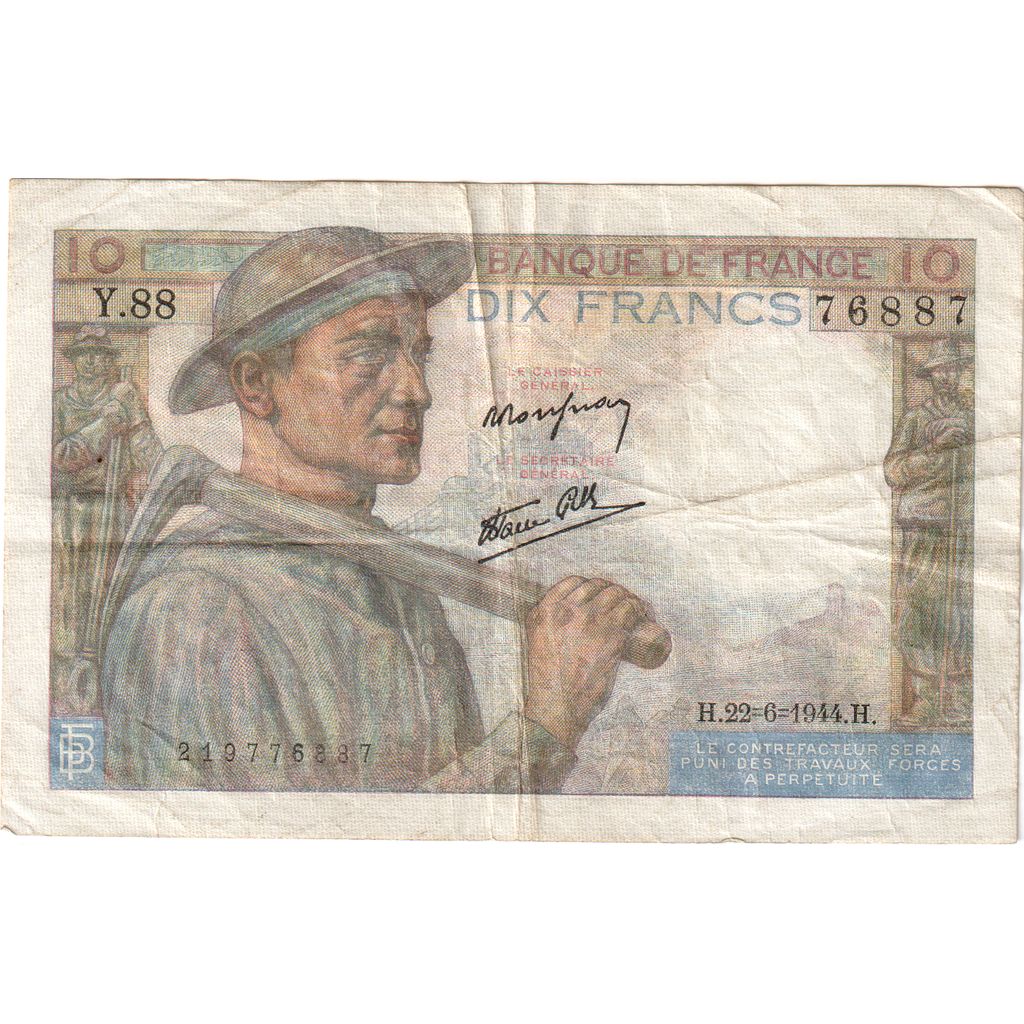 France, 10 Francs, Mineur, 1944-06-22, Y.88, TTB