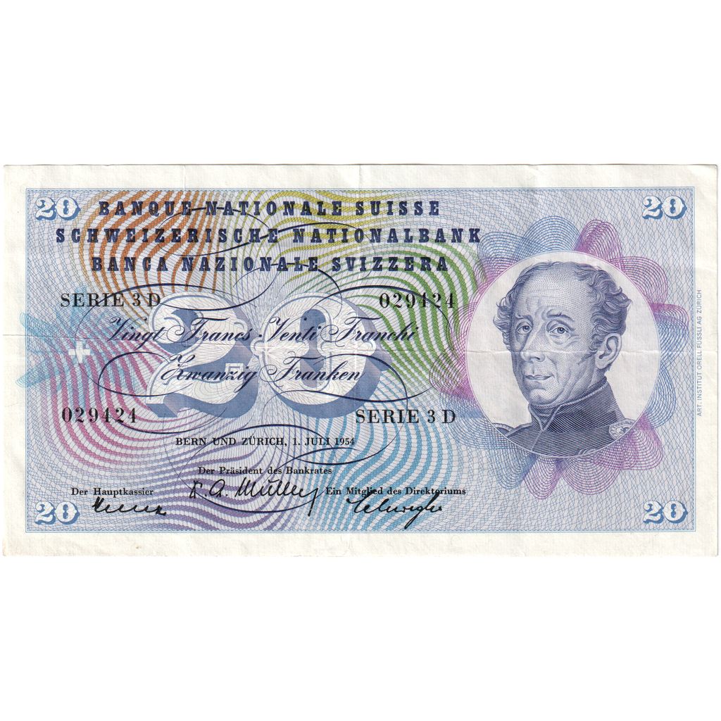 Szwajcaria, 20 Franken, 1954-07-01, EF(40-45)