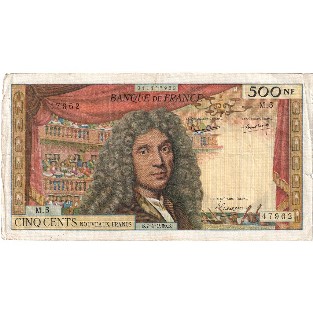 France, 500 Nouveaux Francs, Molière, 1960-04-07, M.5, VF(20-25)