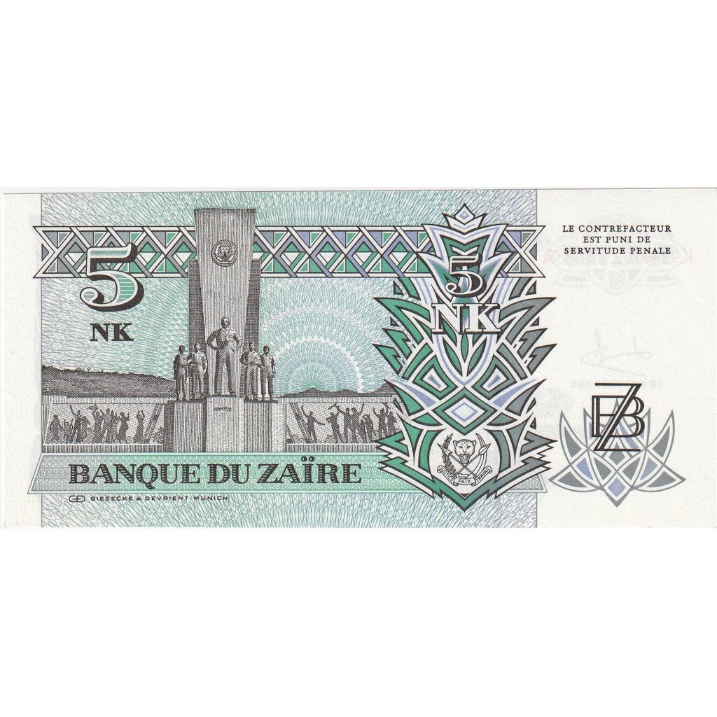 Zaire, 5 Nouveaux Makuta, 1993-06-24, FDS