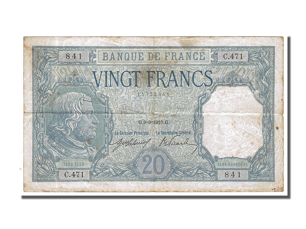 Banconote, Francia, 20 Francs, 20 F 1916-1919 ''Bayard'', 1916, 1916-09-09, MB+