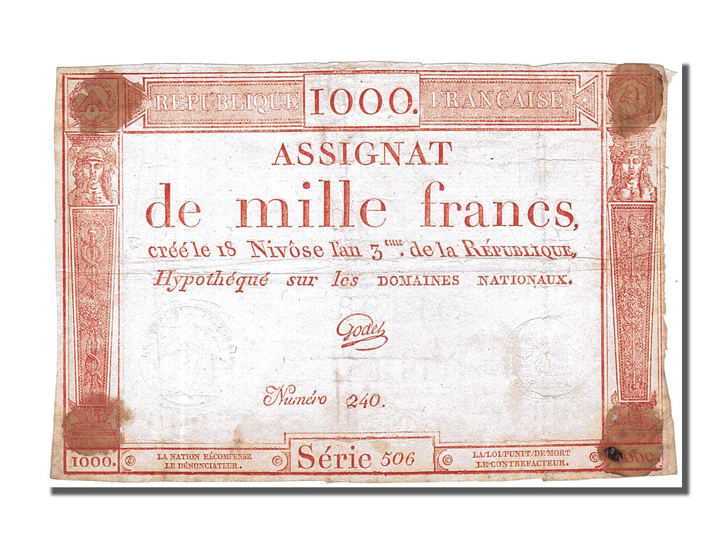 Banconote, Francia, 1000 Francs, 1795, Godet, MB, KM:A80, Lafaurie:175