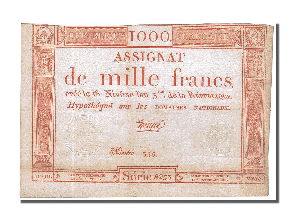 Geldschein, Frankreich, 1000 Francs, 1795, TroupÃ©, SS, KM:A80, Lafaurie:175