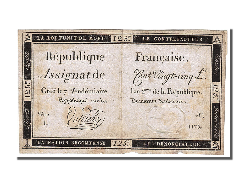 Geldschein, Frankreich, 125 Livres, 1793, Valliere, SS, KM:A74, Lafaurie:169