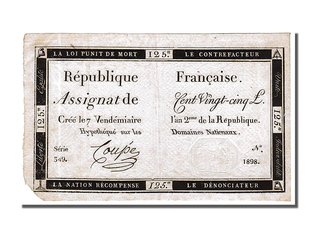 Billete, Francia, 125 Livres, 1793, CoupÃ©, MBC, KM:A74, Lafaurie:169