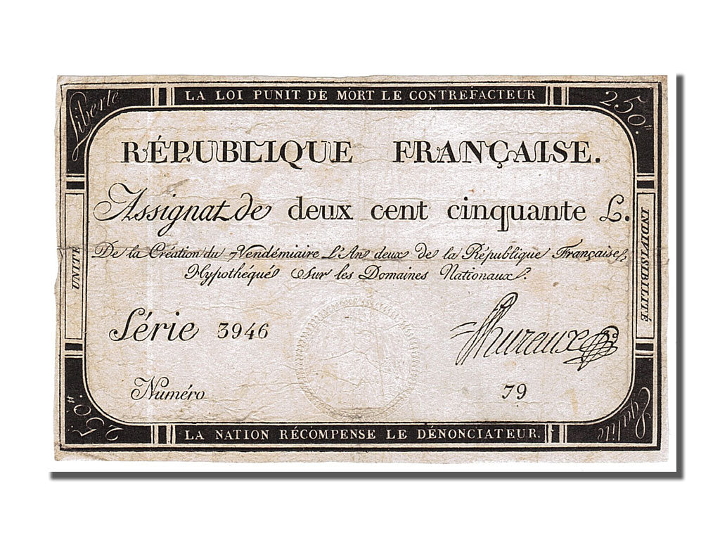 Geldschein, Frankreich, 250 Livres, 1793, Huraux, SS, KM:A75, Lafaurie:170