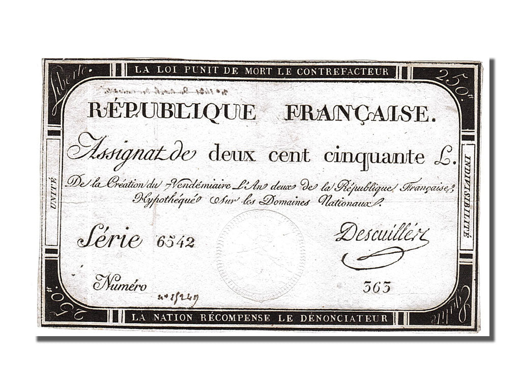 Banknote, France, 250 Livres, 1793, Descuiller, EF(40-45), KM:A75, Lafaurie:170