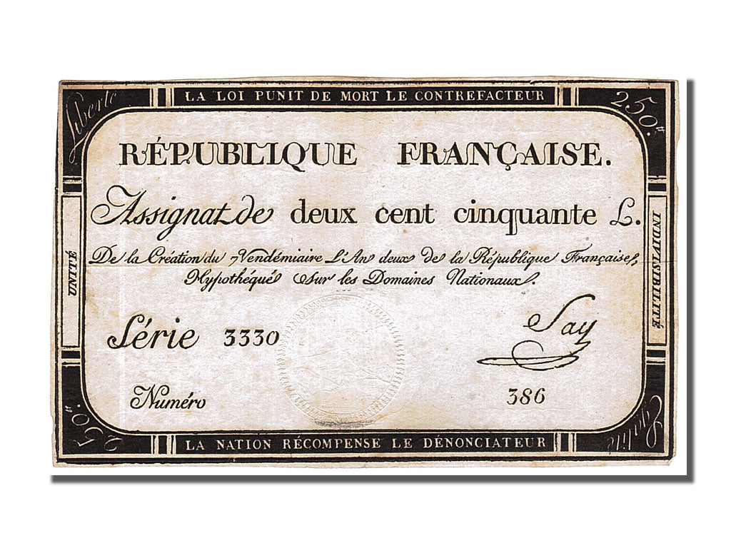 Banknote, France, 250 Livres, 1793, Say, EF(40-45), KM:A75, Lafaurie:170