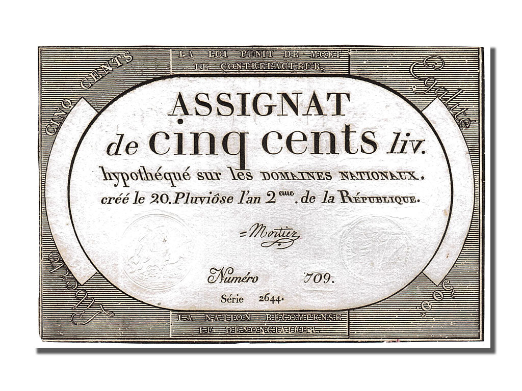 Banconote, Francia, 500 Livres, 1794, Mortier, BB+, KM:A77, Lafaurie:172