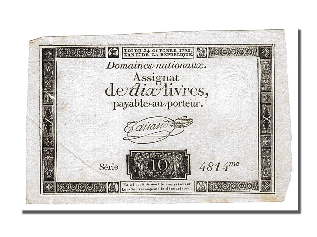 Banknote, France, 10 Livres, 1792, Taisaud, AU(55-58), KM:A66b, Lafaurie:161.b