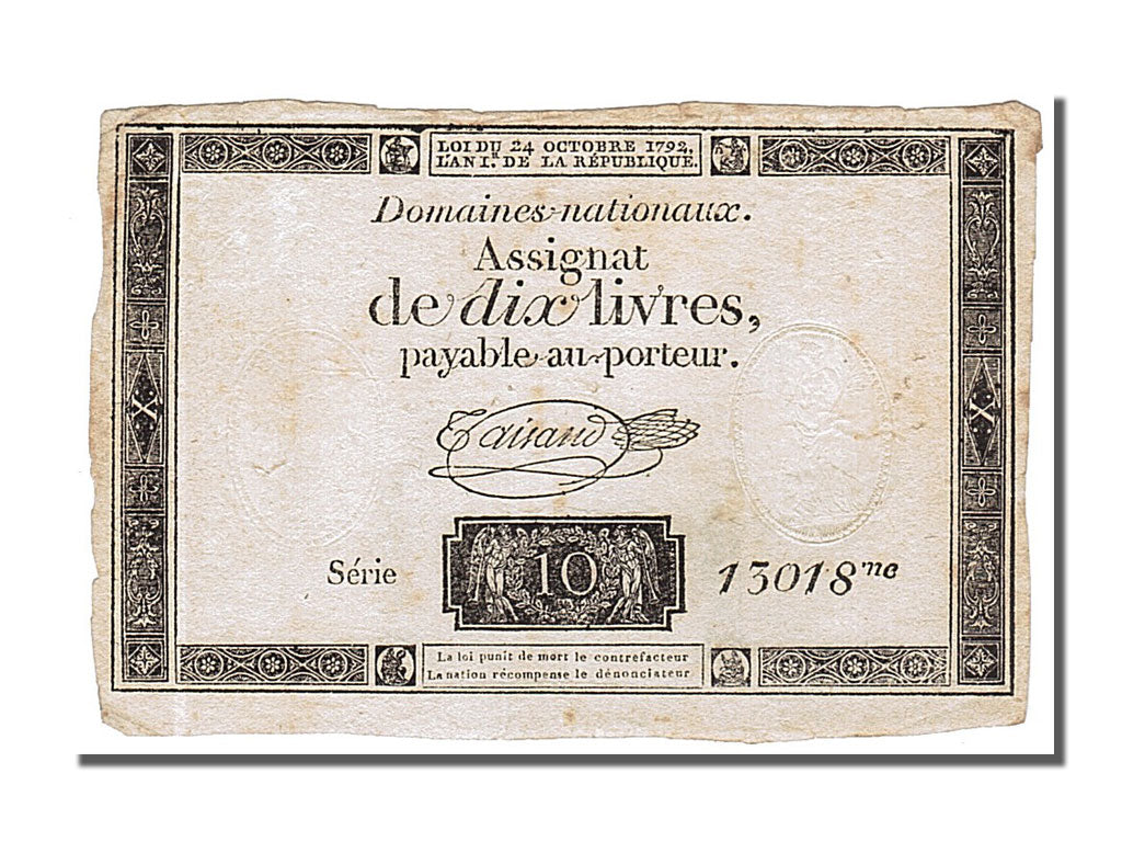 Banknote, France, 10 Livres, 1792, Taisaud, EF(40-45), KM:A66b, Lafaurie:161.b