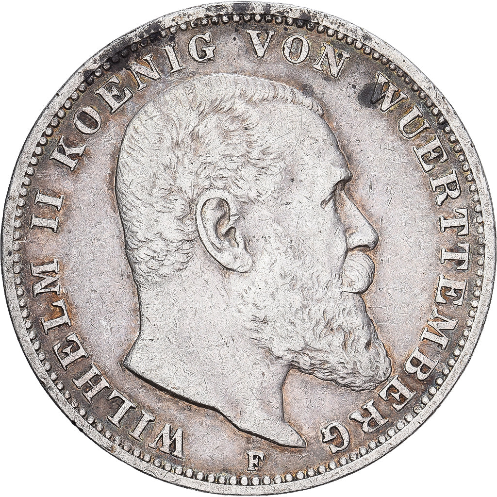 Landy niemieckie, WURTTEMBERG, Wilhelm II, 3 Mark, 1909, Stuttgart, Srebro