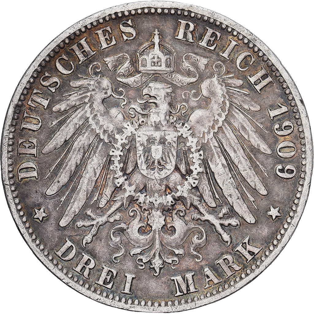 Landy niemieckie, WURTTEMBERG, Wilhelm II, 3 Mark, 1909, Stuttgart, Srebro