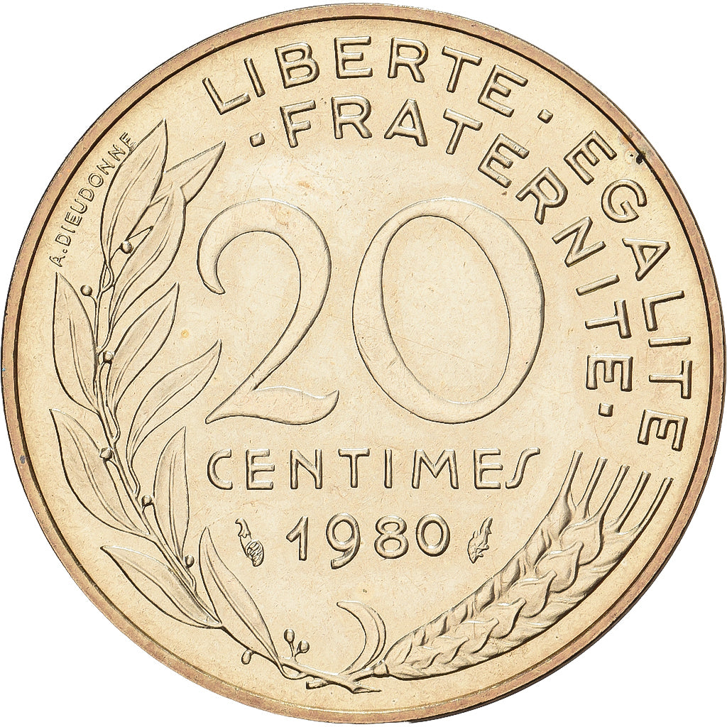 France, 20 Centimes, Marianne, 1980, Paris, série FDC, Aluminum-Bronze