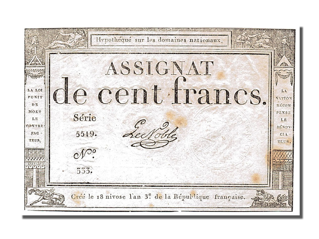 Geldschein, Frankreich, 100 Francs, 1795, Le Noble, SS, KM:A78, Lafaurie:173