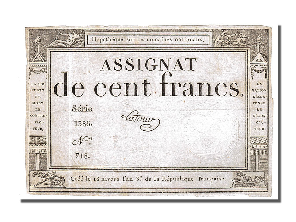 Banconote, Francia, 100 Francs, 1795, Latour, BB, KM:A78, Lafaurie:173