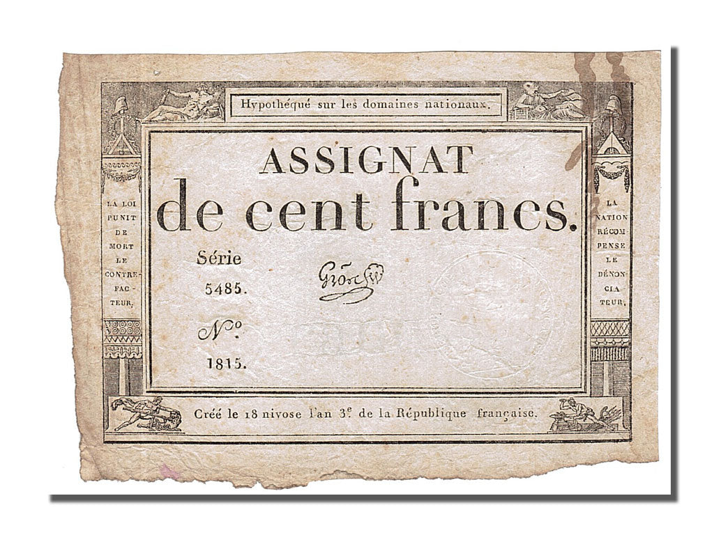 Billete, Francia, 100 Francs, 1795, Gros, MBC, KM:A78, Lafaurie:173