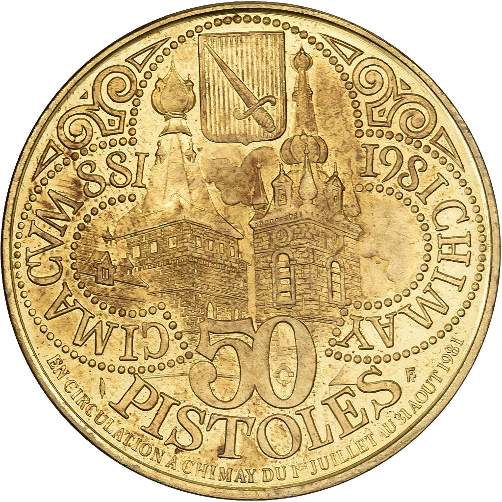 Bélgica, zeton, 50 Pistoles - Chimay, 1981, Latón chapado en acero, MBC+