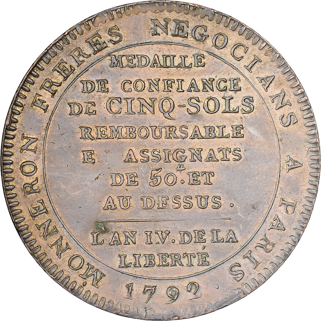 France, Monneron de 5 Sols, Au serment, 1792, Birmingham, Cuivre, TTB