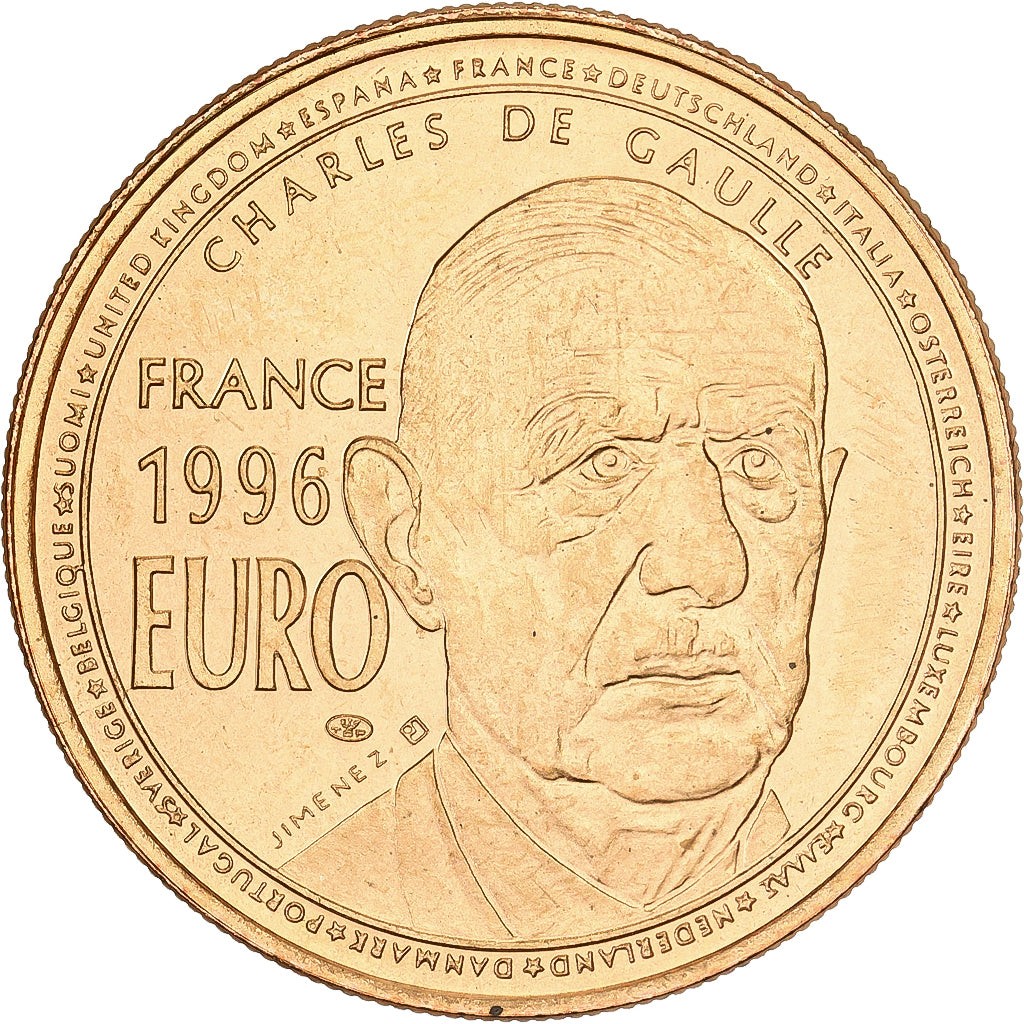França, medalha, 1 Euro Essai De Gaulle, 1998, Cobre Dourado, MS(63)