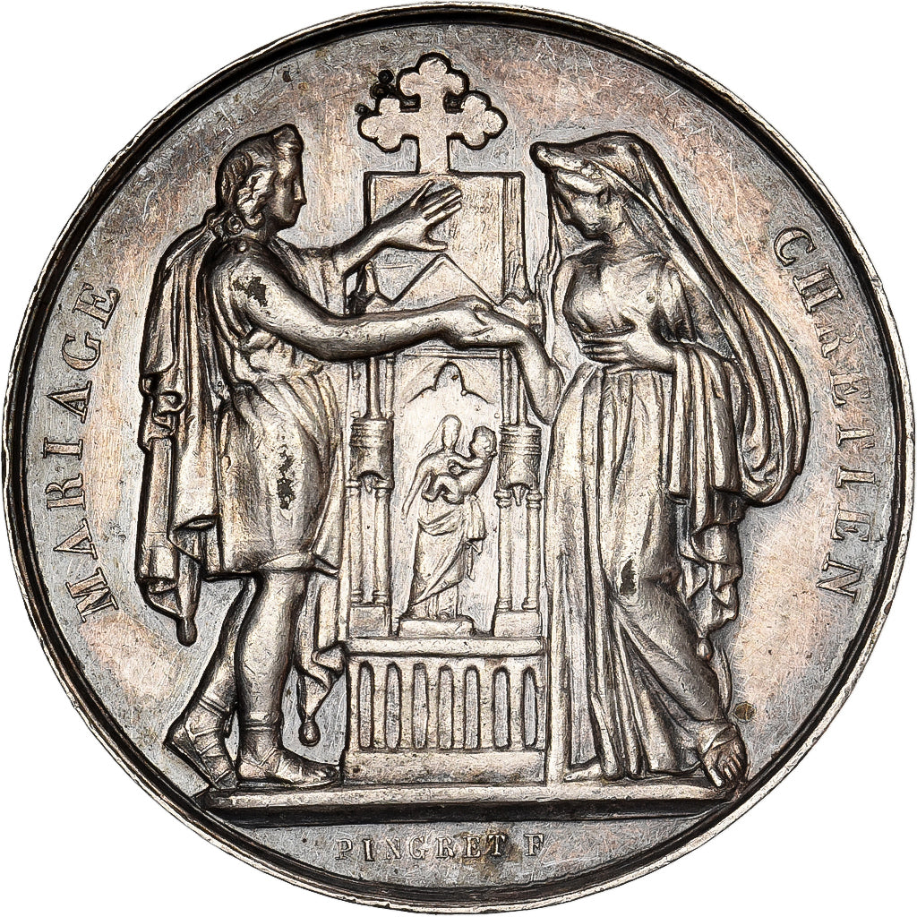 France, Medal, Religion, Mariage Chrétien, Silver, Pingret, AU(50-53)