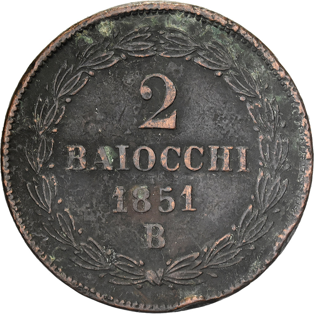 Papal States, Pius IX, 2 Baiocchi, 1851, Bologna, Rame, MB, KM:1344