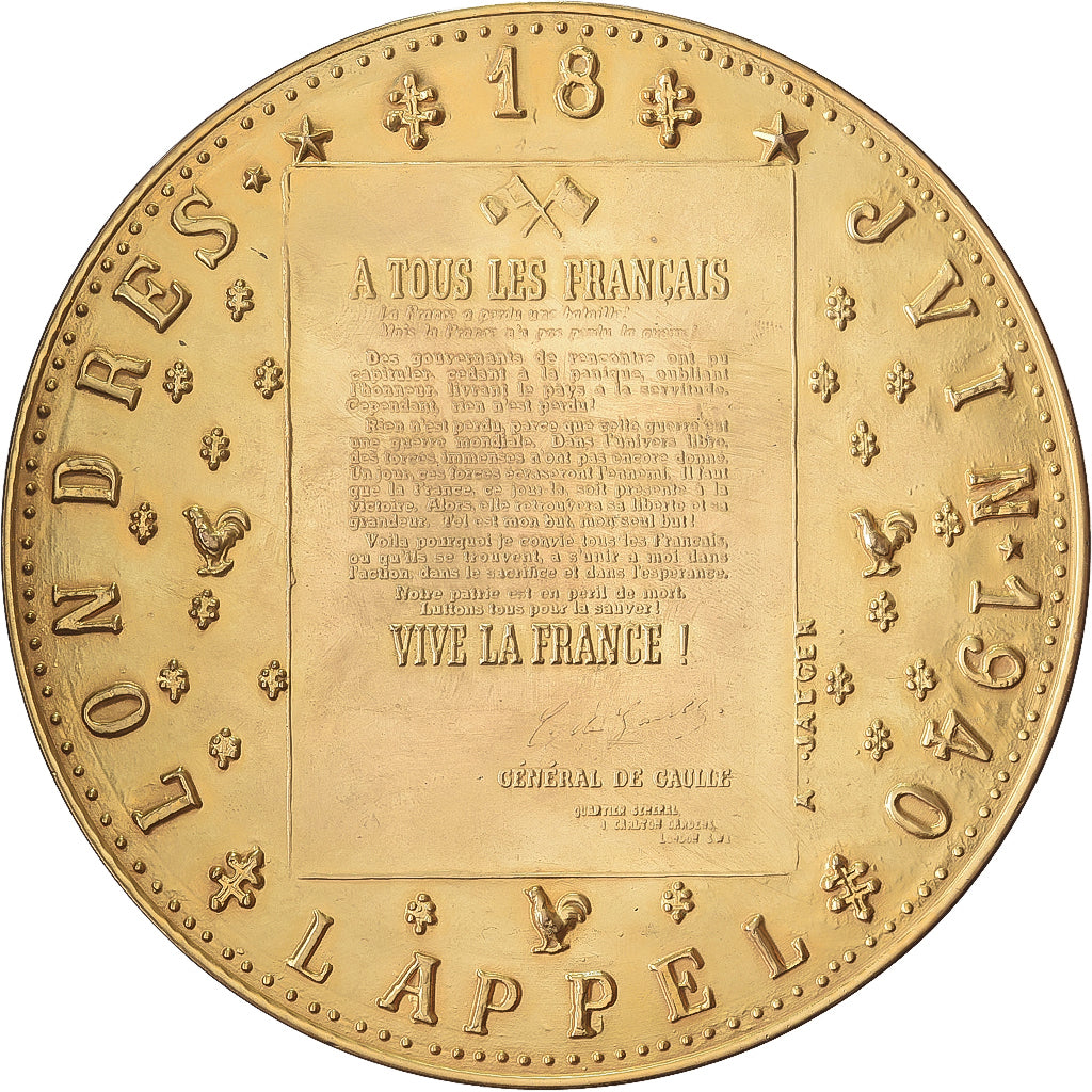 France, Médaille, De Gaulle, l'Appel du 18 juin, Gilt Bronze, SUP+, Jaeger