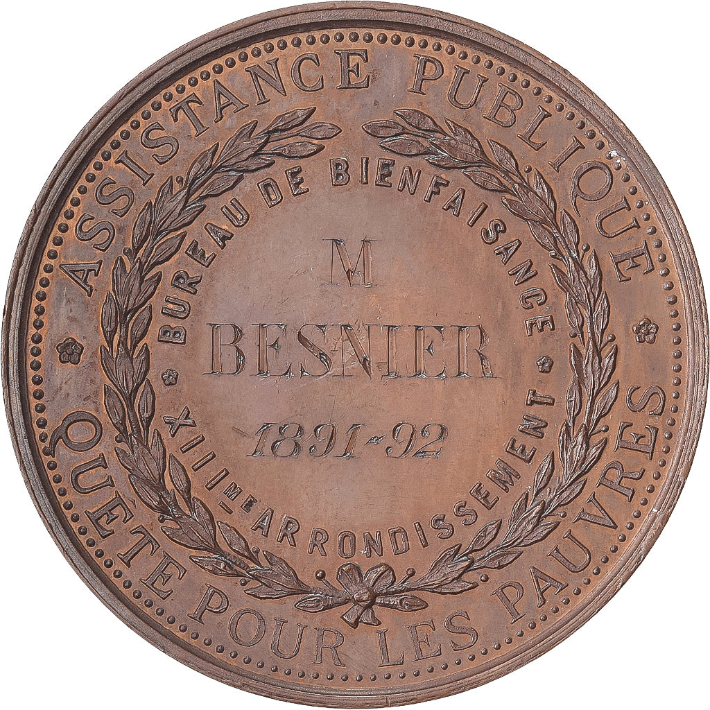 Frankrijk, Medaille, Assistance publique, Quête pour les pauvres, 1892, Koper