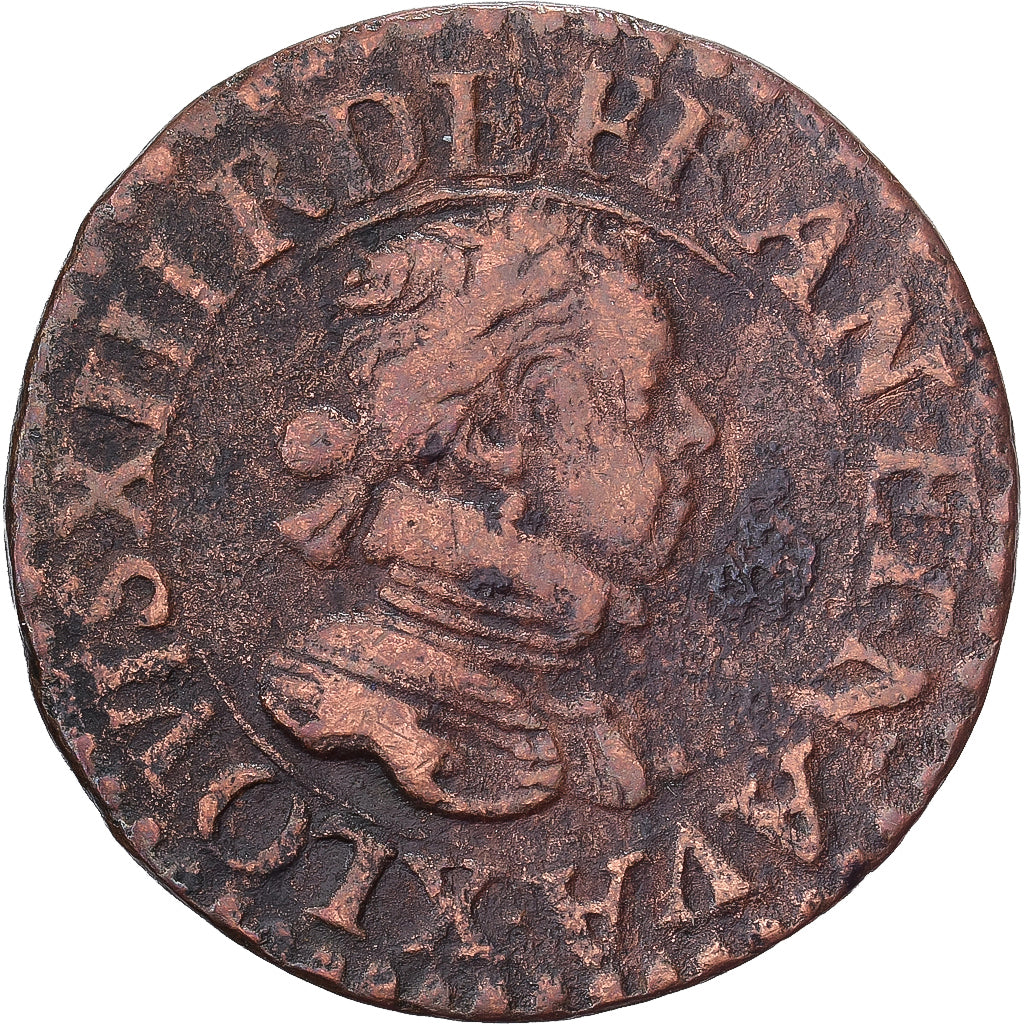Francia, Louis XIII, Double Tournois, 1616, Amiens, Cobre, BC+, CGKL:266