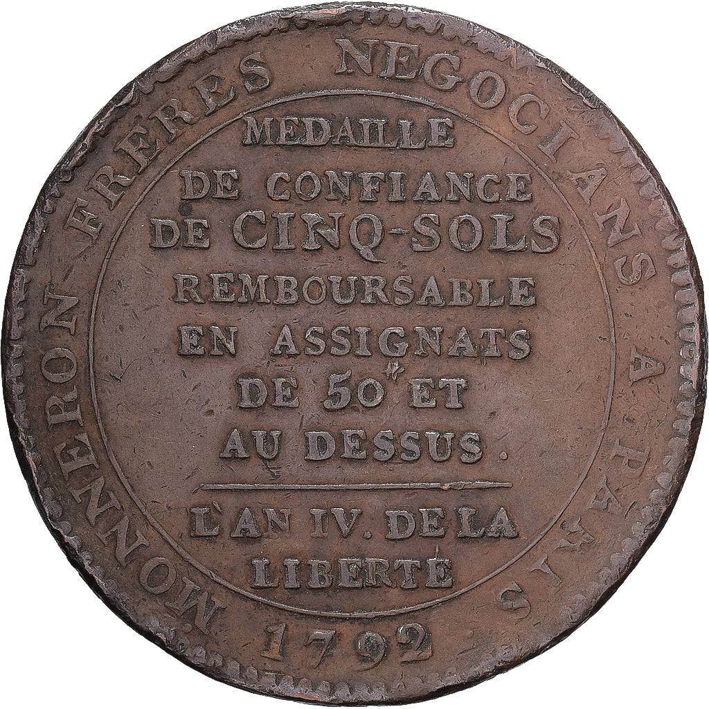 Frankrijk, Monneron de 5 Sols, 1792 / AN 4, Birmingham, Bronzen, FR+